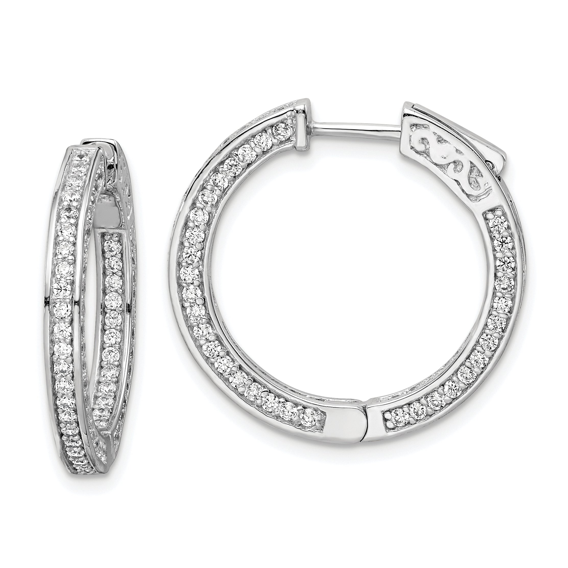 Sterling Shimmer Sterling Silver Rhodium-plated 200 Stone 1.3mm CZ In and Out Round Hinged Hoop Earrings Main image