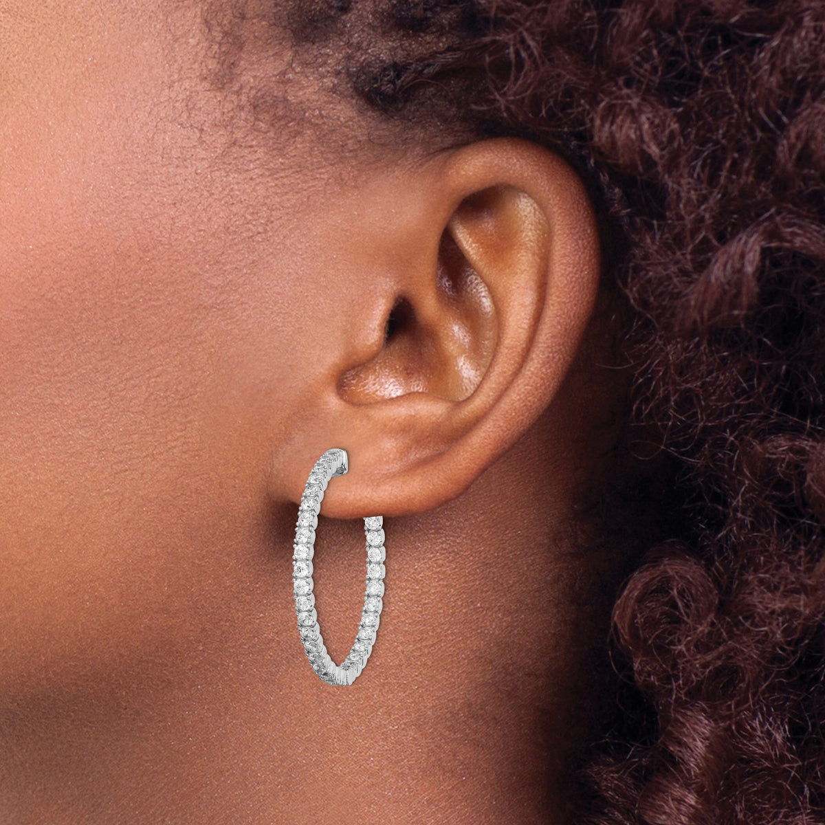 68-Stone Round Cubic Zirconia Out Hoop Earrings in Sterling Silver, 33x34mm Hinged - Sophia Jewelers