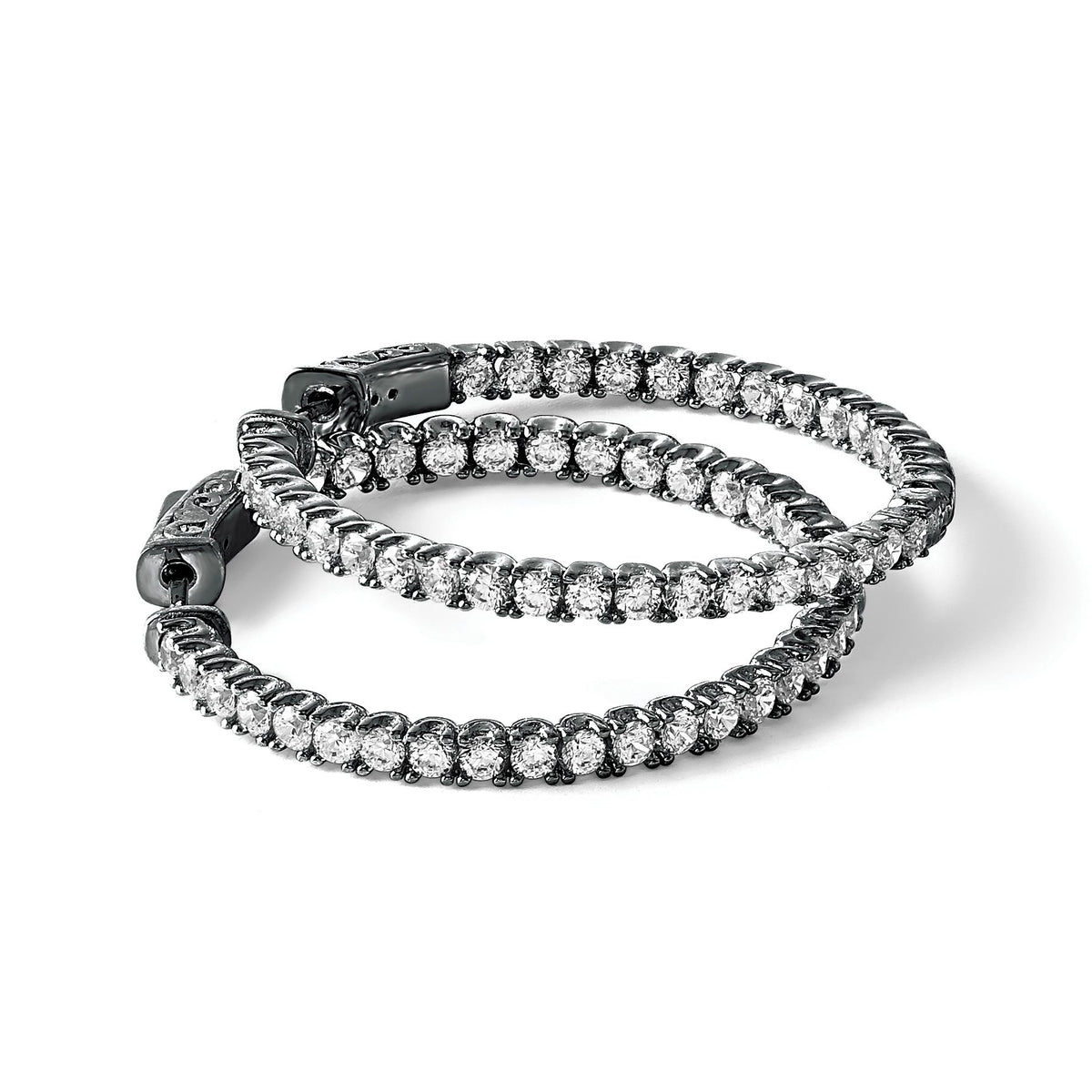 68-Stone Round Cubic Zirconia Out Hoop Earrings in Sterling Silver, 33x34mm Hinged - Sophia Jewelers
