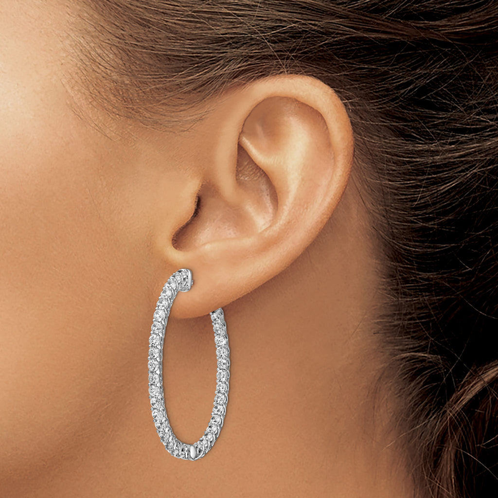 66-Stone Oval Cubic Zirconia Out Hoop Earrings in Sterling Silver, 37mm Hinged - Sophia Jewelers