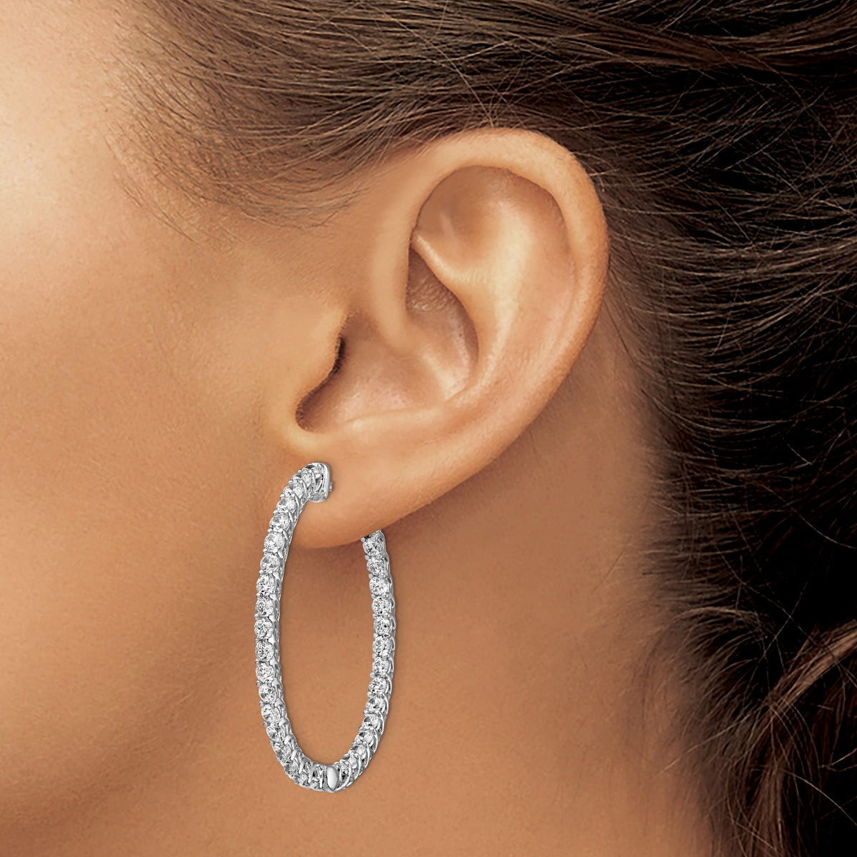 66-Stone Oval Cubic Zirconia Out Hoop Earrings in Sterling Silver, 37mm Hinged - Sophia Jewelers