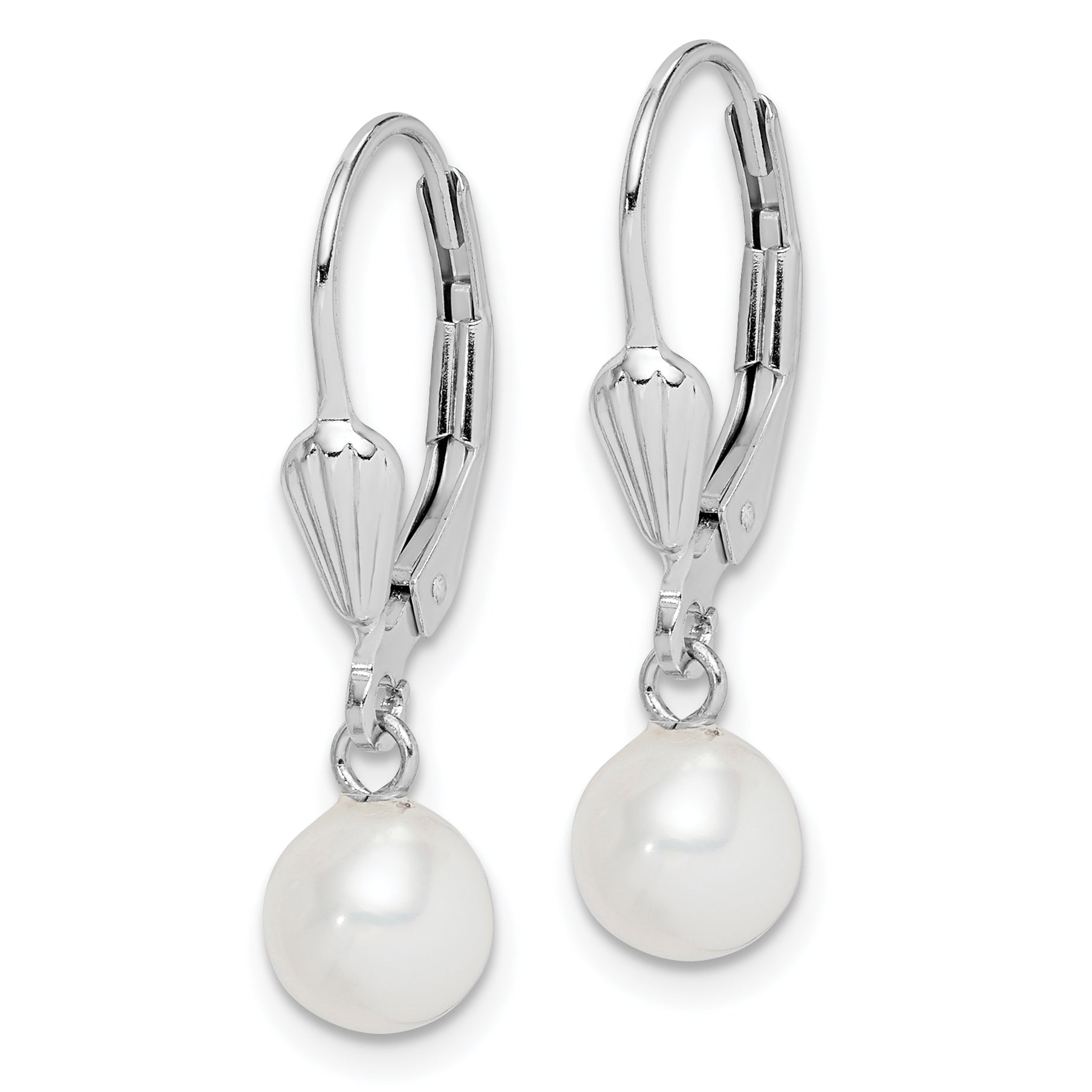 Sterling Silver Rhodium-plated 6-7mm White Round Freshwater Cultured Pearl Leverback Dangle Earrings Secondary image