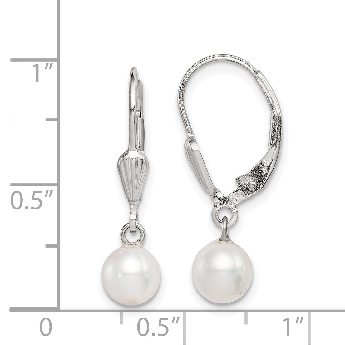 Sterling Silver Rhodium-plated 6-7mm White Round Freshwater Cultured Pearl Leverback Dangle Earrings