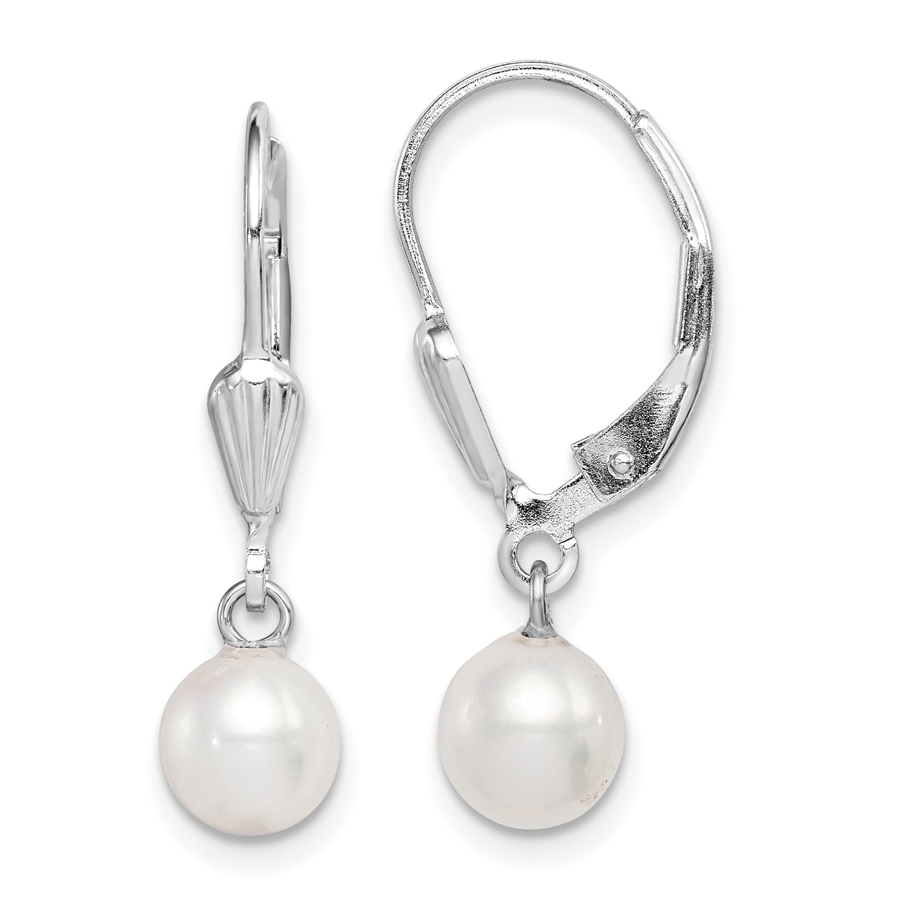 Sterling Silver Rhodium-plated 6-7mm White Round Freshwater Cultured Pearl Leverback Dangle Earrings Main image