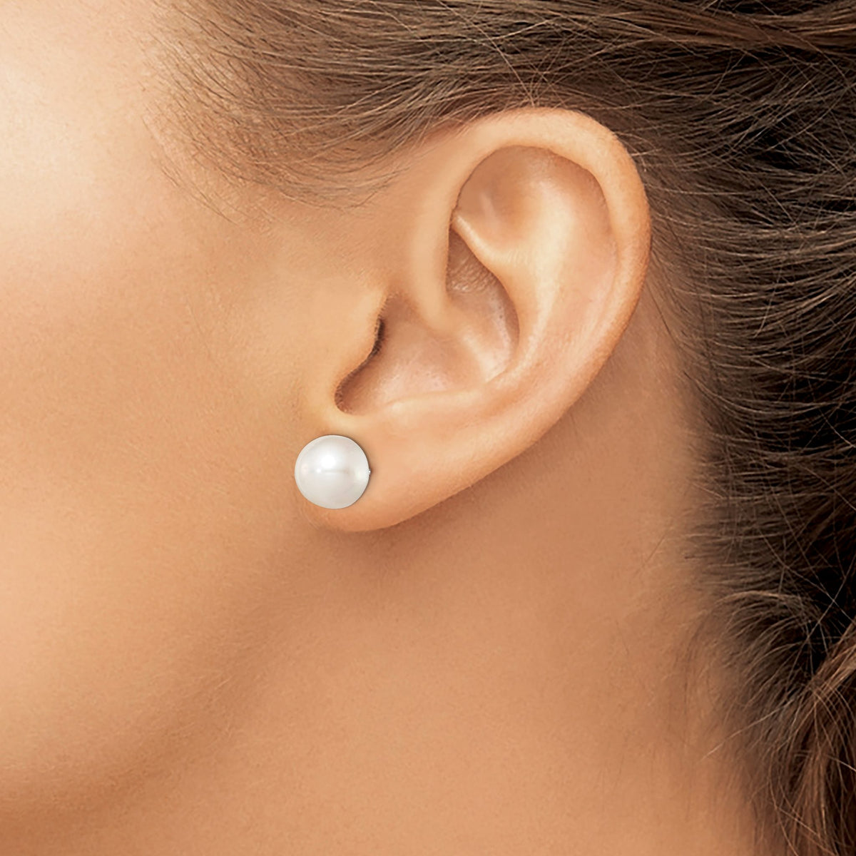 Sterling Silver Rhodium-Plated 10-11mm White Button Freshwater Cultured Pearl Post Earrings - Sophia Jewelers