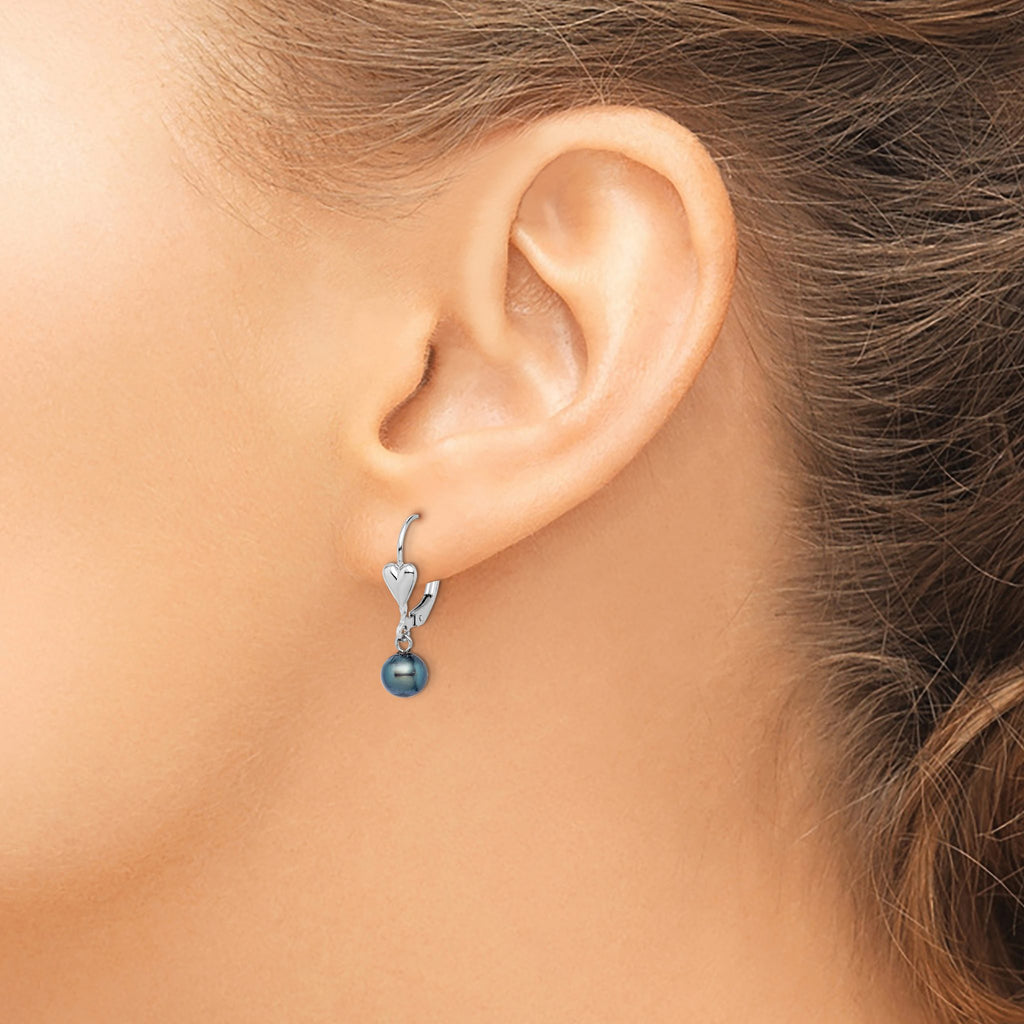 Sterling Silver Rhodium-Plated 6-7mm Black Round Freshwater Cultured Pearl Heart Leverback Dangle Earrings - Sophia Jewelers