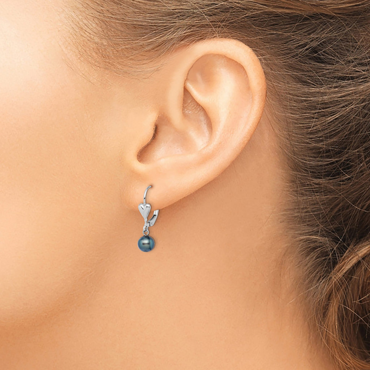 Sterling Silver Rhodium-Plated 6-7mm Black Round Freshwater Cultured Pearl Heart Leverback Dangle Earrings - Sophia Jewelers