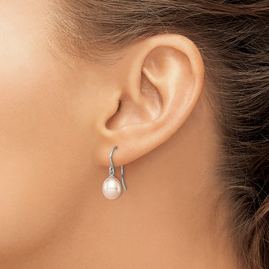 Sterling Silver Rhodium-Plated 8-9mm Pink Teardrop Freshwater Cultured Pearl Dangle Earrings - Sophia Jewelers