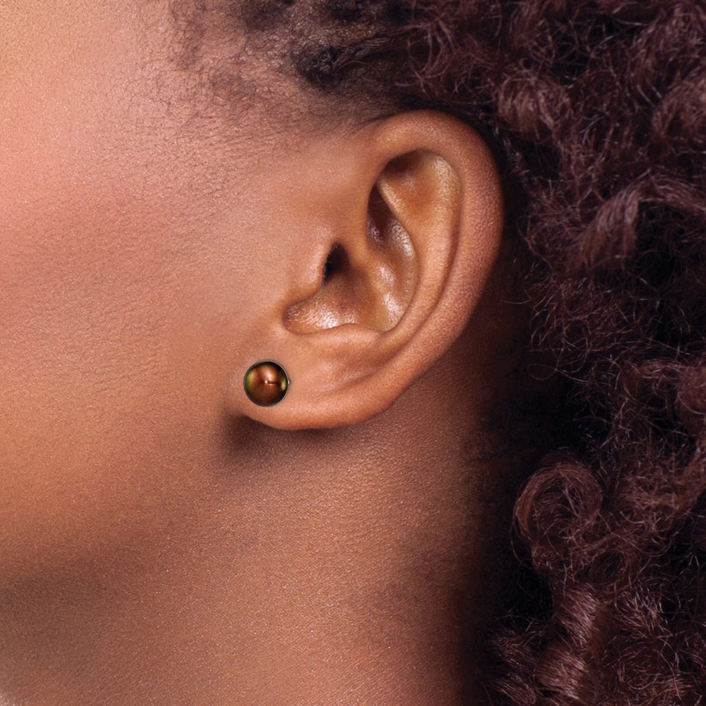 Brown Freshwater Button Pearl Stud Earrings in Sterling Silver, 8-9mm - Sophia Jewelers