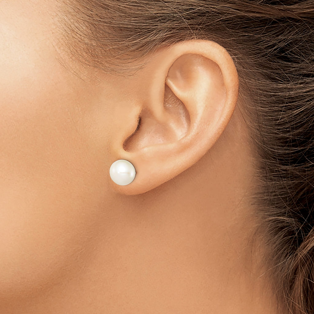 Sterling Silver Rhodium-Plated 9-10mm White Button Freshwater Cultured Pearl Post Earrings - Sophia Jewelers