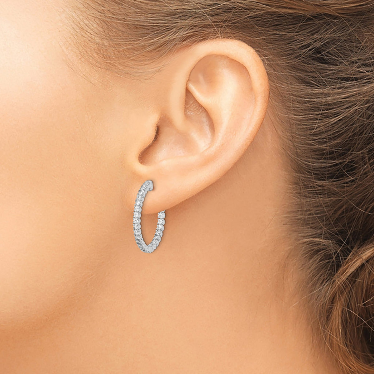 Sterling Silver Rhodium-Plated 50 Stone 1.7mm Cubic Zirconia in and Out Round Hinged Hoop Earrings, 22.4mm - Sophia Jewelers