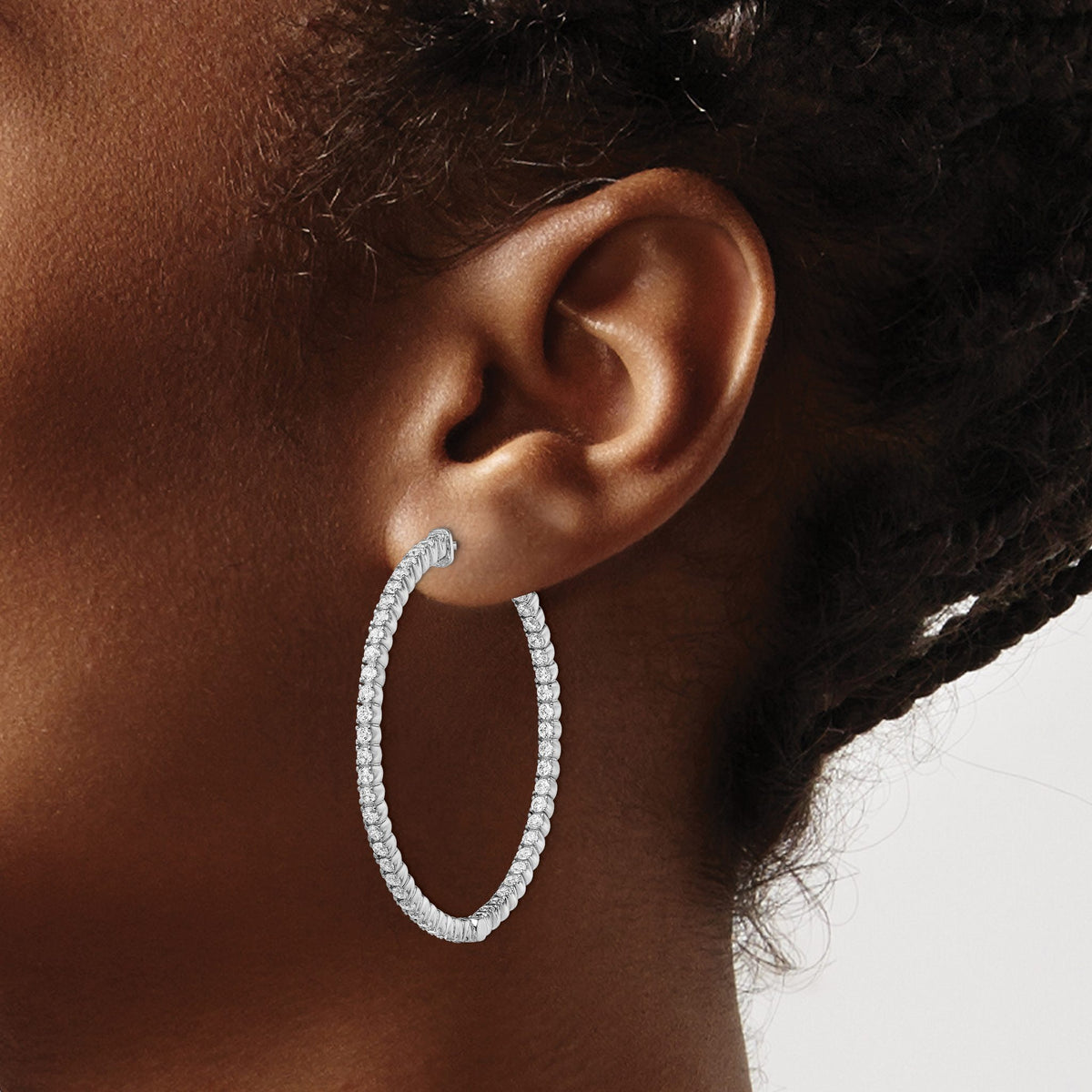 Stone Round Cubic Zirconia Out Hoop Earrings in Sterling Silver, 42mm Hinged - Sophia Jewelers