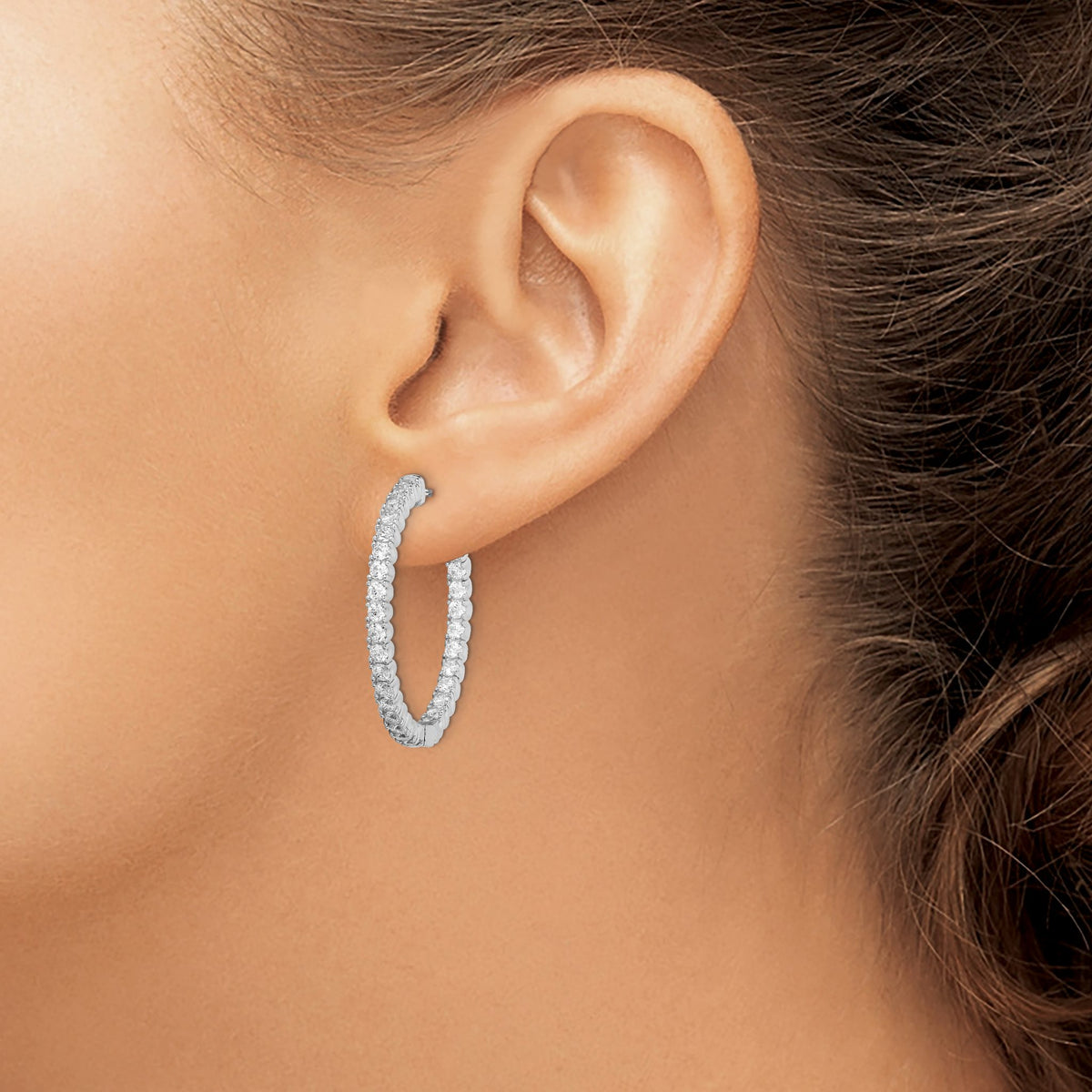 Sterling Silver Rhodium-Plated 60 Stone 2.25mm Cubic Zirconia in and Out Round Hinged Hoop Earrings, 32mm - Sophia Jewelers