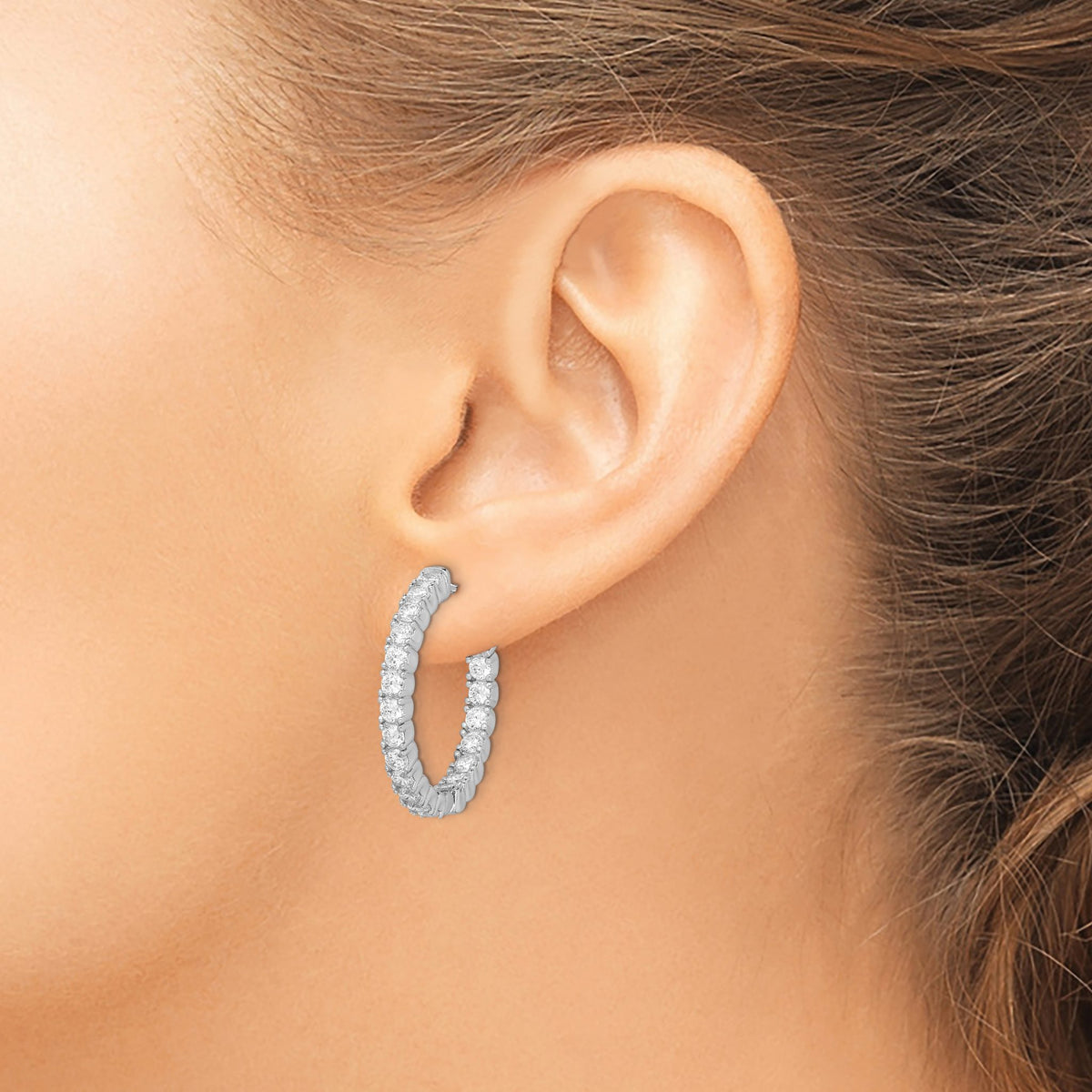 Sterling Silver Rhodium-Plated 42 Stone 2.5mm Cubic Zirconia in and Out Round Hinged Hoop Earrings - Sophia Jewelers