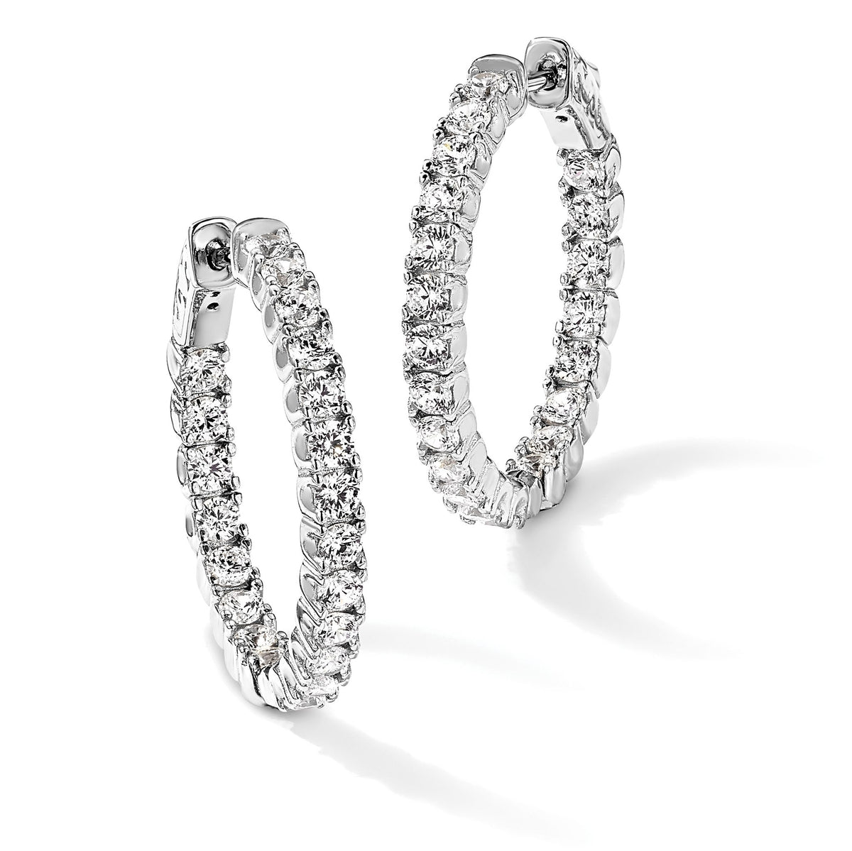 Sterling Silver Rhodium-Plated 42 Stone 2.5mm Cubic Zirconia in and Out Round Hinged Hoop Earrings - Sophia Jewelers