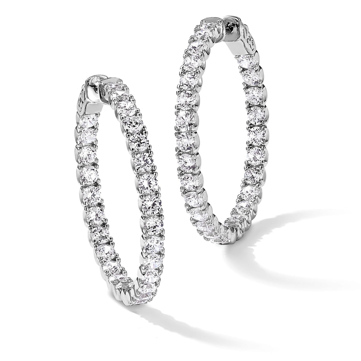 52-Stone Round Cubic Zirconia Out Hoop Earrings in Sterling Silver, 33mm Hinged - Sophia Jewelers