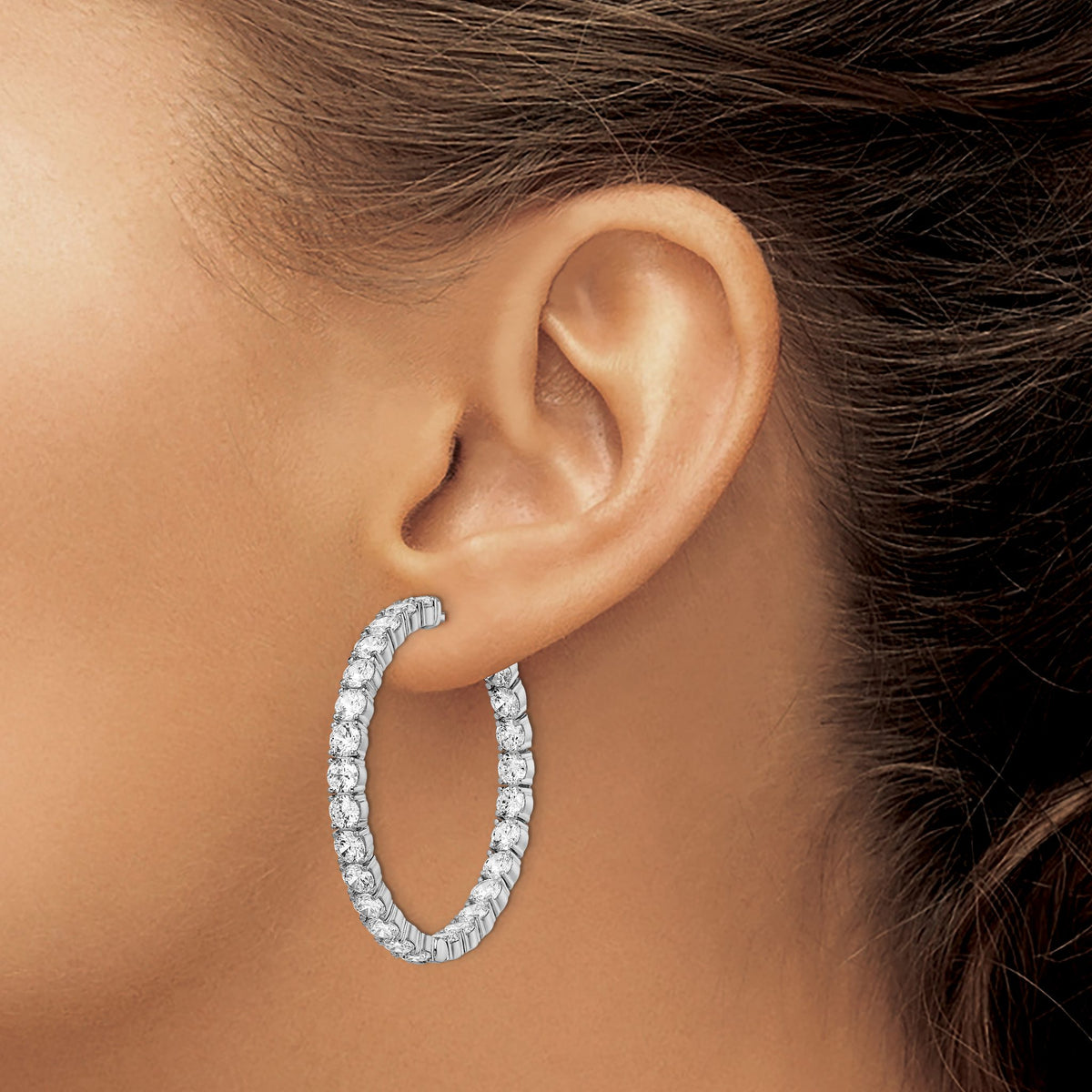 Sterling Silver Rhodium-Plated 52 Stone 3.5mm Cubic Zirconia in and Out Round Hinged Hoop Earrings, 38mm - Sophia Jewelers