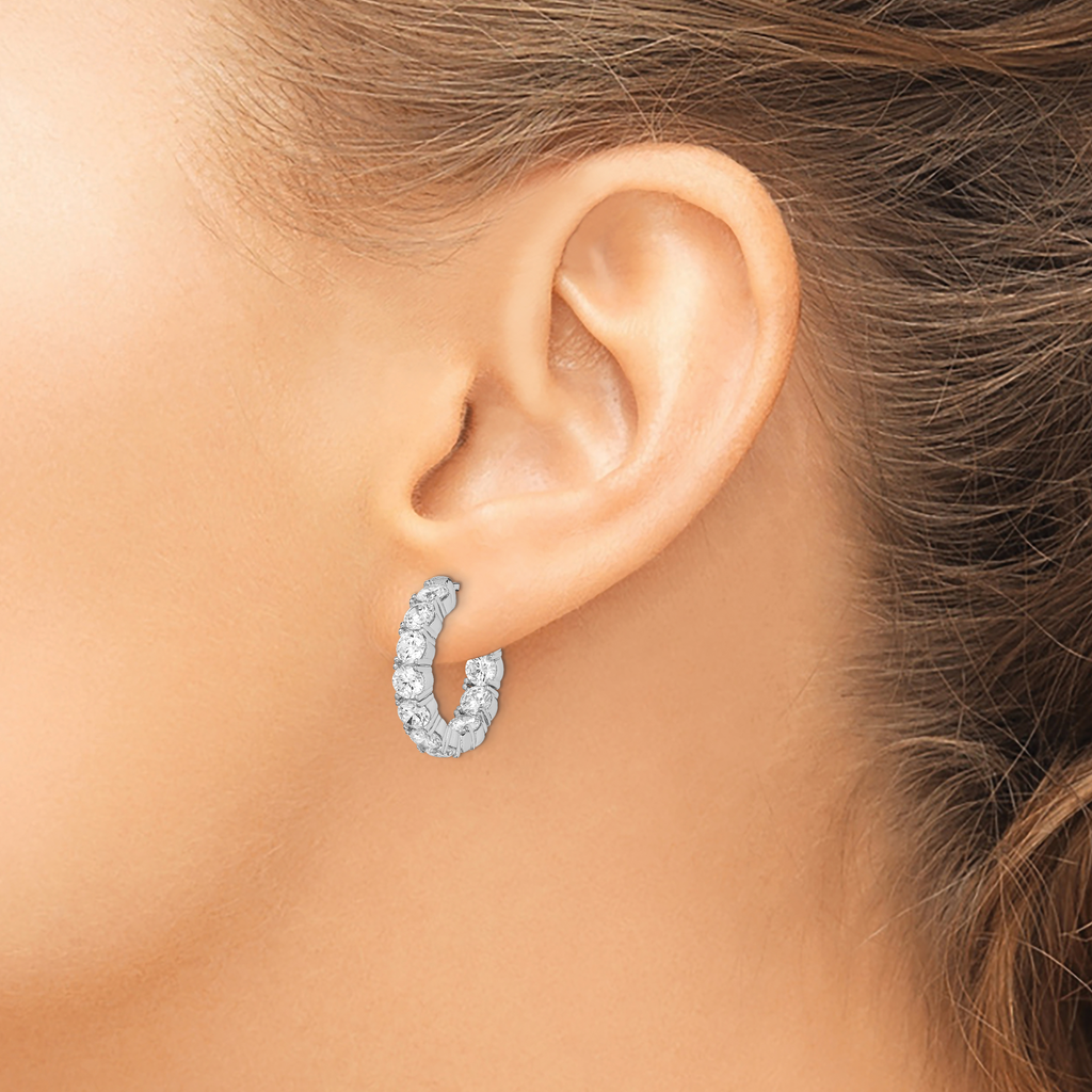 Sterling Silver Rhodium-Plated 20 Stone 3.75mm Cubic Zirconia in and Out Round Hinged Hoop Earrings