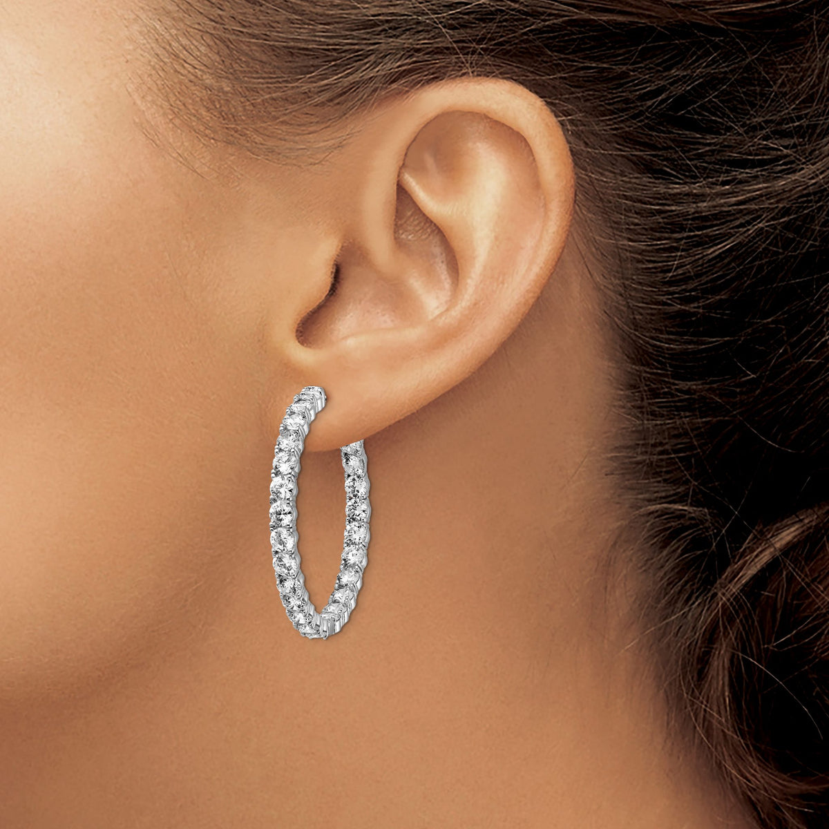 Sterling Silver Rhodium-Plated 50 Stone 3.75mm Cubic Zirconia in and Out Round Hinged Hoop Earrings, 36mm - Sophia Jewelers