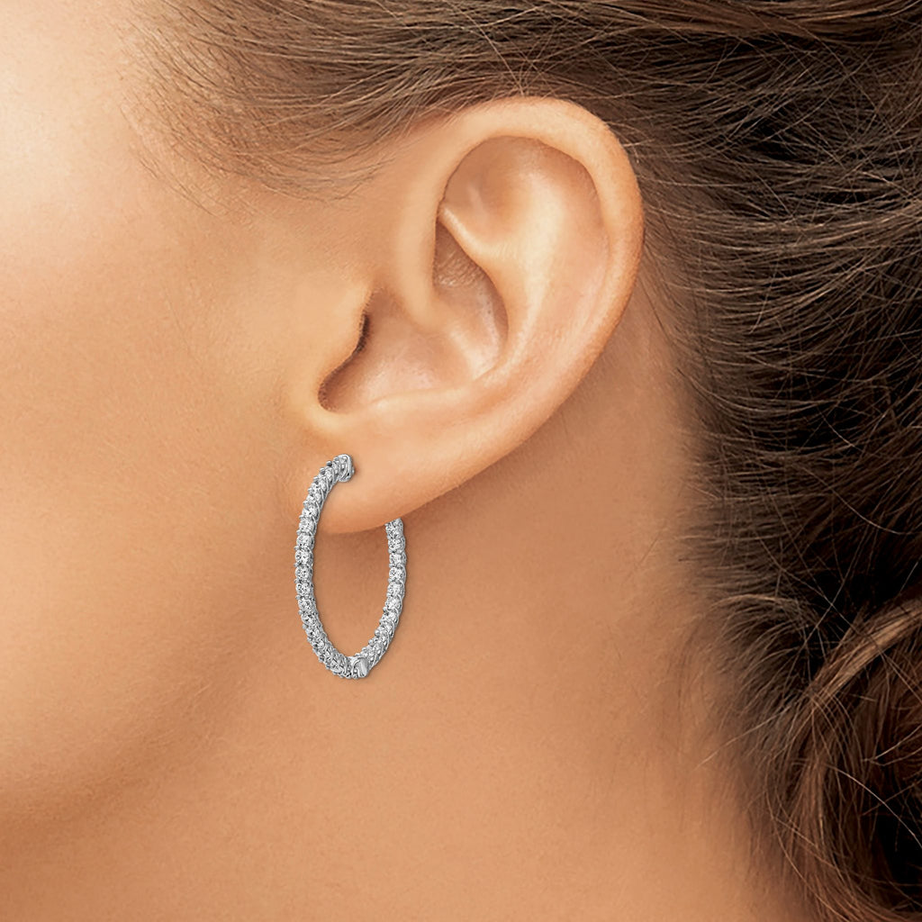 Sterling Silver Rhodium-Plated 64 Stone 2mm Cubic Zirconia in and Out Round Hinged Hoop Earrings - Sophia Jewelers