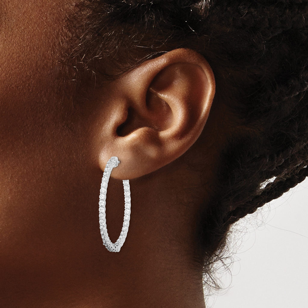 70-Stone Round Cubic Zirconia Out Hoop Earrings in Sterling Silver, 36mm Hinged - Sophia Jewelers