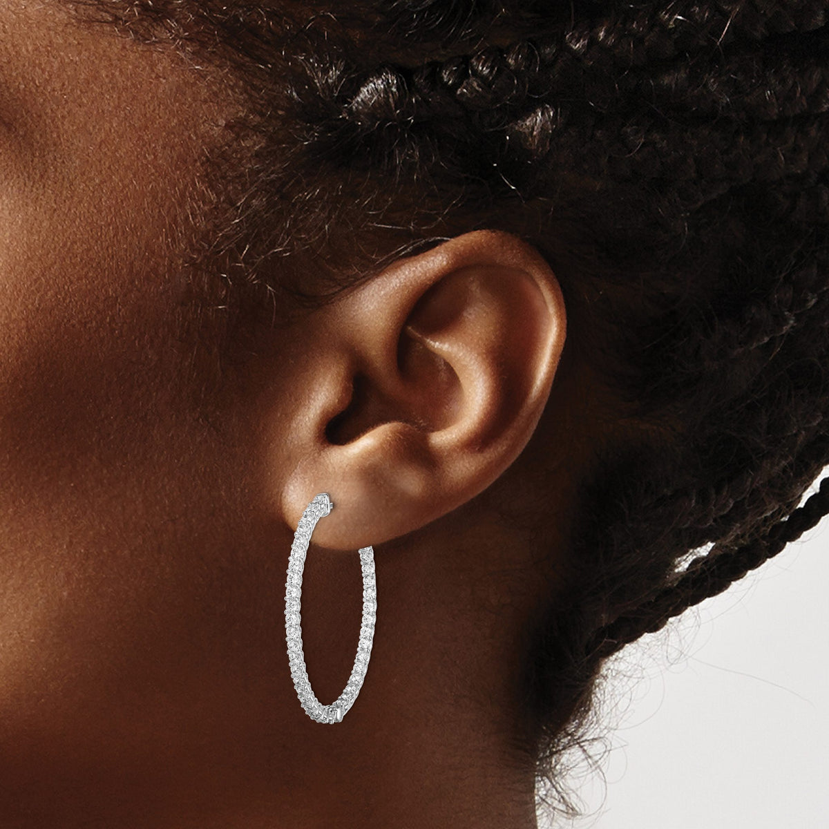 76-Stone Oval Cubic Zirconia Out Hoop Earrings in Sterling Silver, 36mm Hinged - Sophia Jewelers