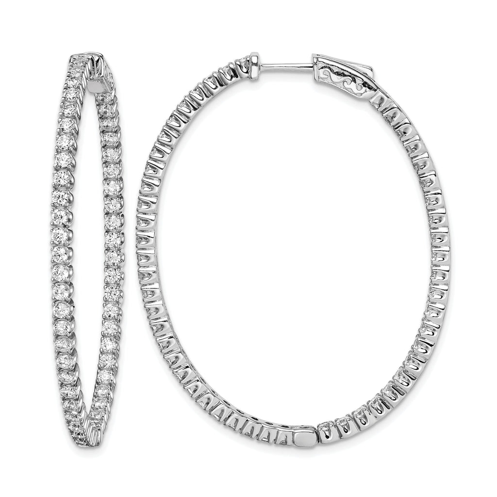 Stone Oval Cubic Zirconia Out Hoop Earrings in Sterling Silver, 48mm Hinged - Sophia Jewelers