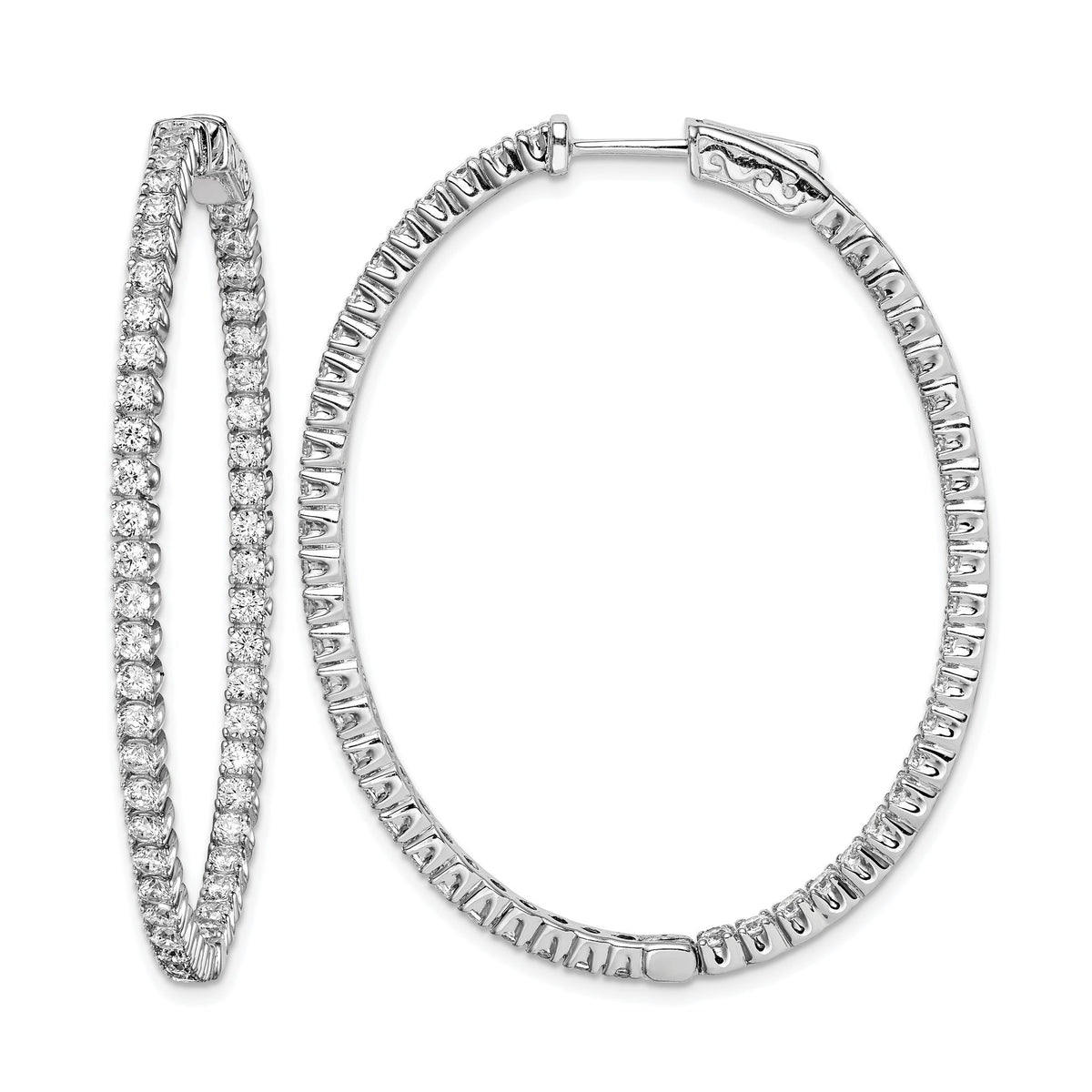 Stone Oval Cubic Zirconia Out Hoop Earrings in Sterling Silver, 48mm Hinged - Sophia Jewelers