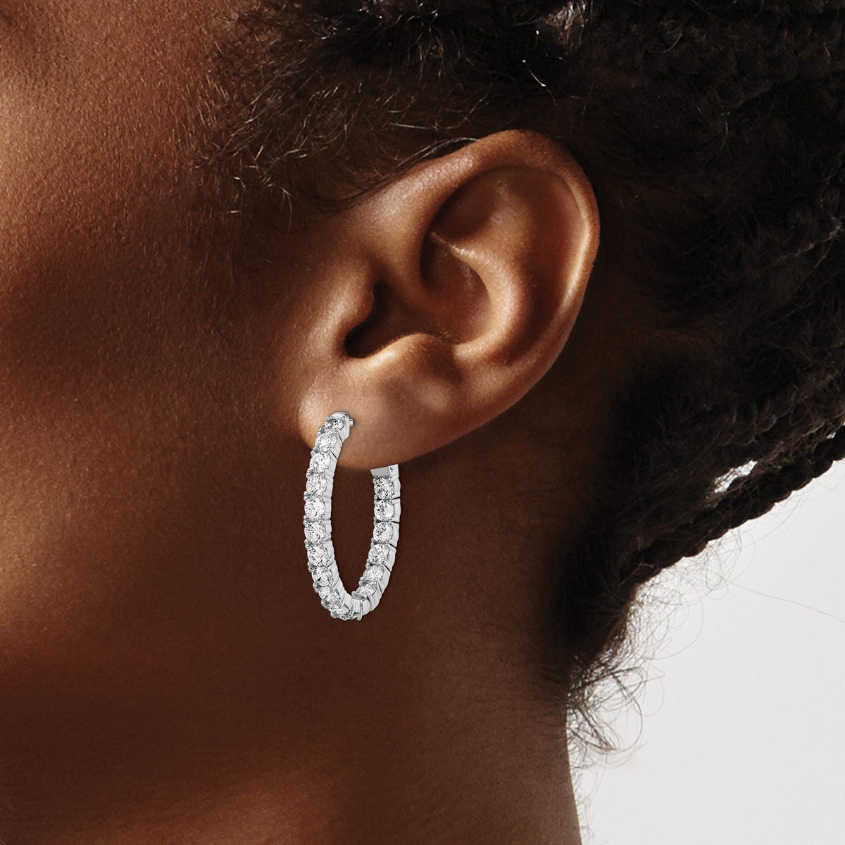 Sterling Silver Rhodium-Plated 34 Stone 3.0mm Cubic Zirconia in and Out Oval Hinged Hoop Earrings - Sophia Jewelers