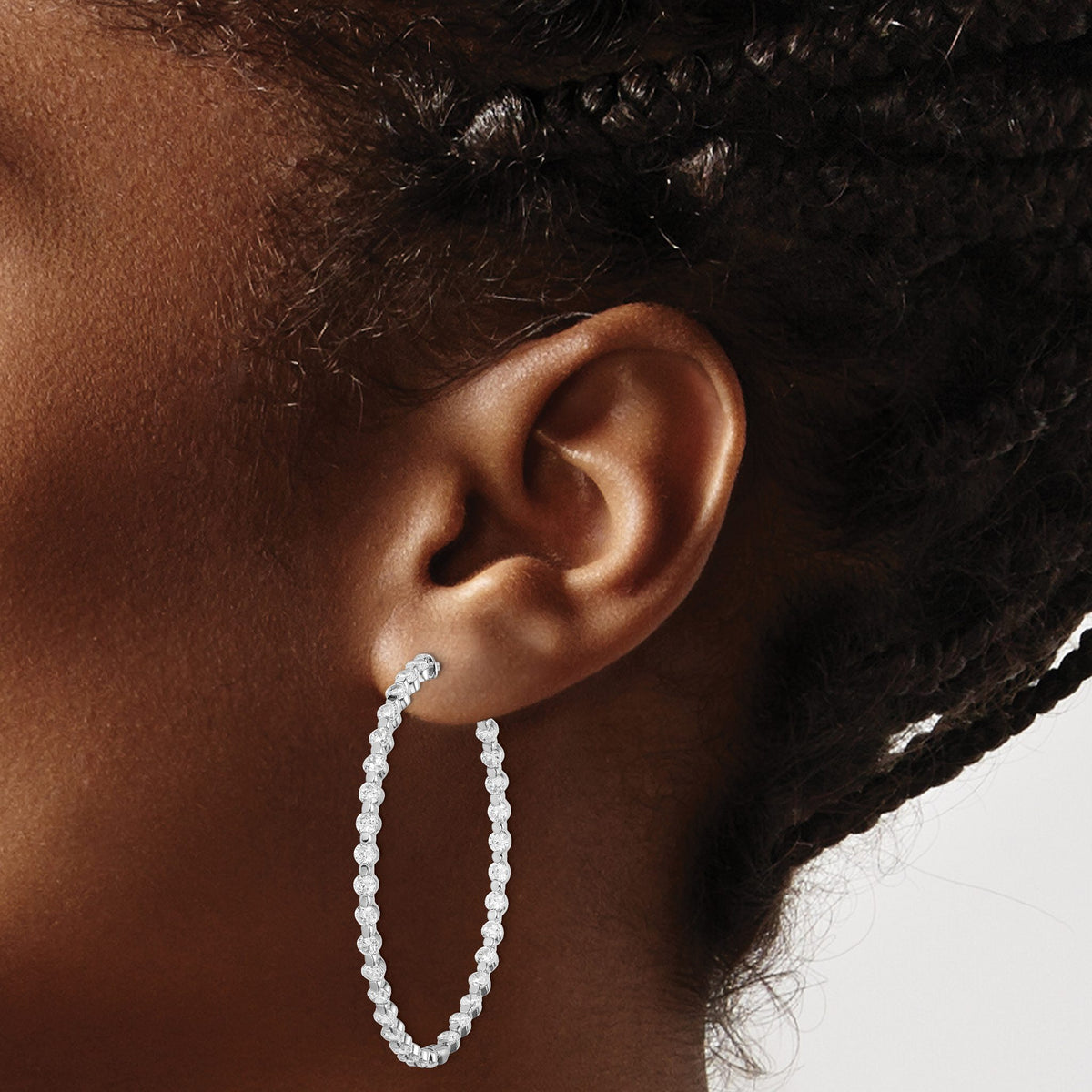 Sterling Silver Rhodium-Plated 78 Stone 2.75mm Cubic Zirconia in and Out Round Hinged Hoop Earrings - Sophia Jewelers