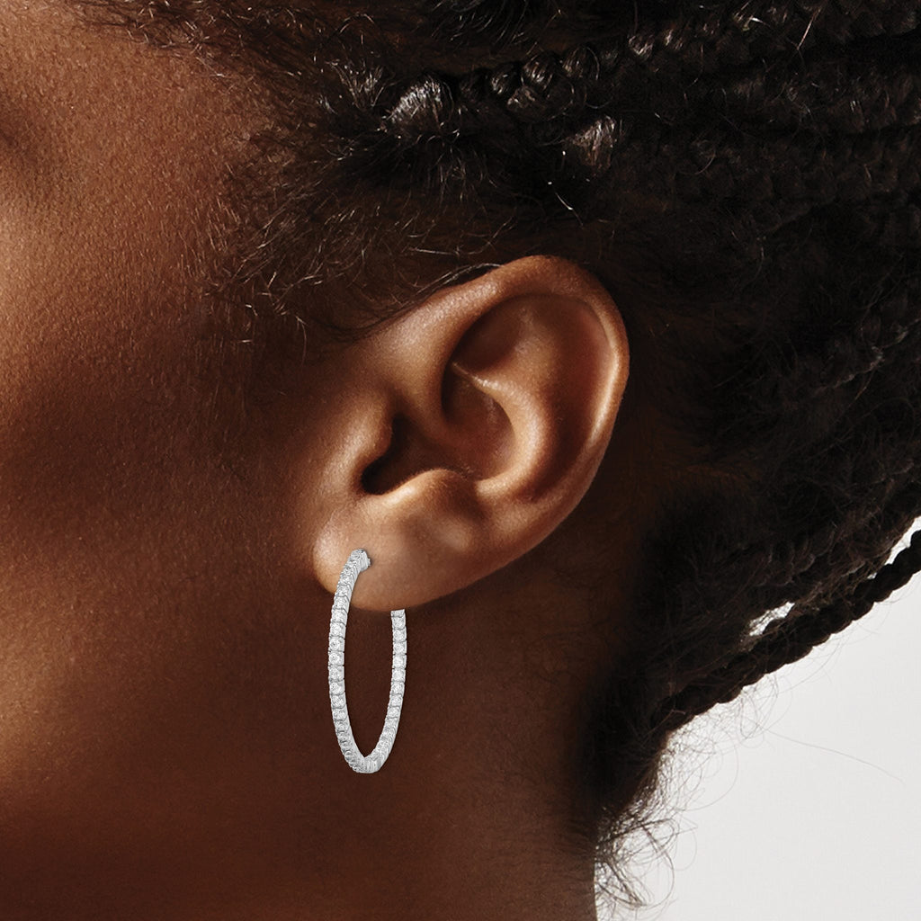 76-Stone Round Cubic Zirconia Out Hoop Earrings in Sterling Silver, 32mm Hinged - Sophia Jewelers