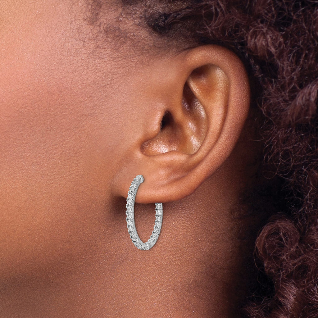 Sterling Silver Rhodium-Plated 50 Stone 1.9mm Cubic Zirconia in and Out Round Hinged Hoop Earrings - Sophia Jewelers