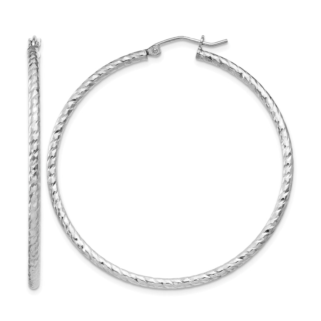 Sterling Silver Rhodium-Plated Diamond-Cut 2x45mm Hoop Earrings - Sophia Jewelers