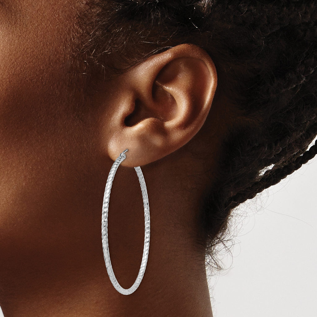 Sterling Silver Rhodium-Plated Diamond-Cut 2x50mm Hoop Earrings - Sophia Jewelers