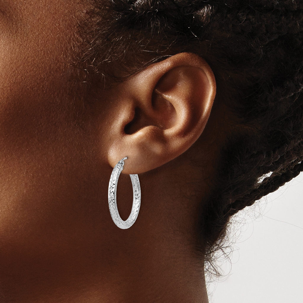 Sterling Silver Rhodium-Plated Diamond-Cut 3x25mm Hoop Earrings - Sophia Jewelers