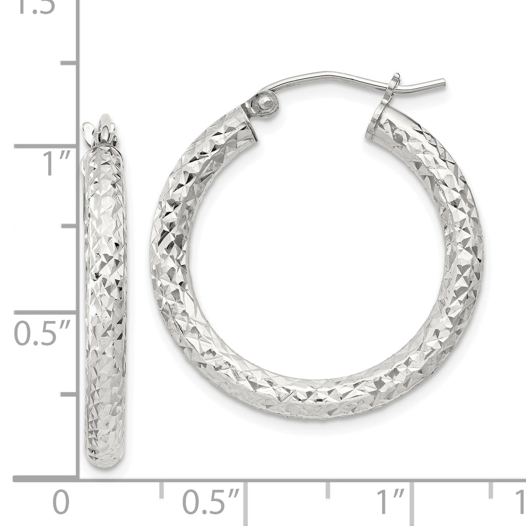 Sterling Silver Diamond-Cut 3x25mm Hoop Earrings