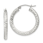 Sterling Silver Diamond-Cut 3x25mm Hoop Earrings