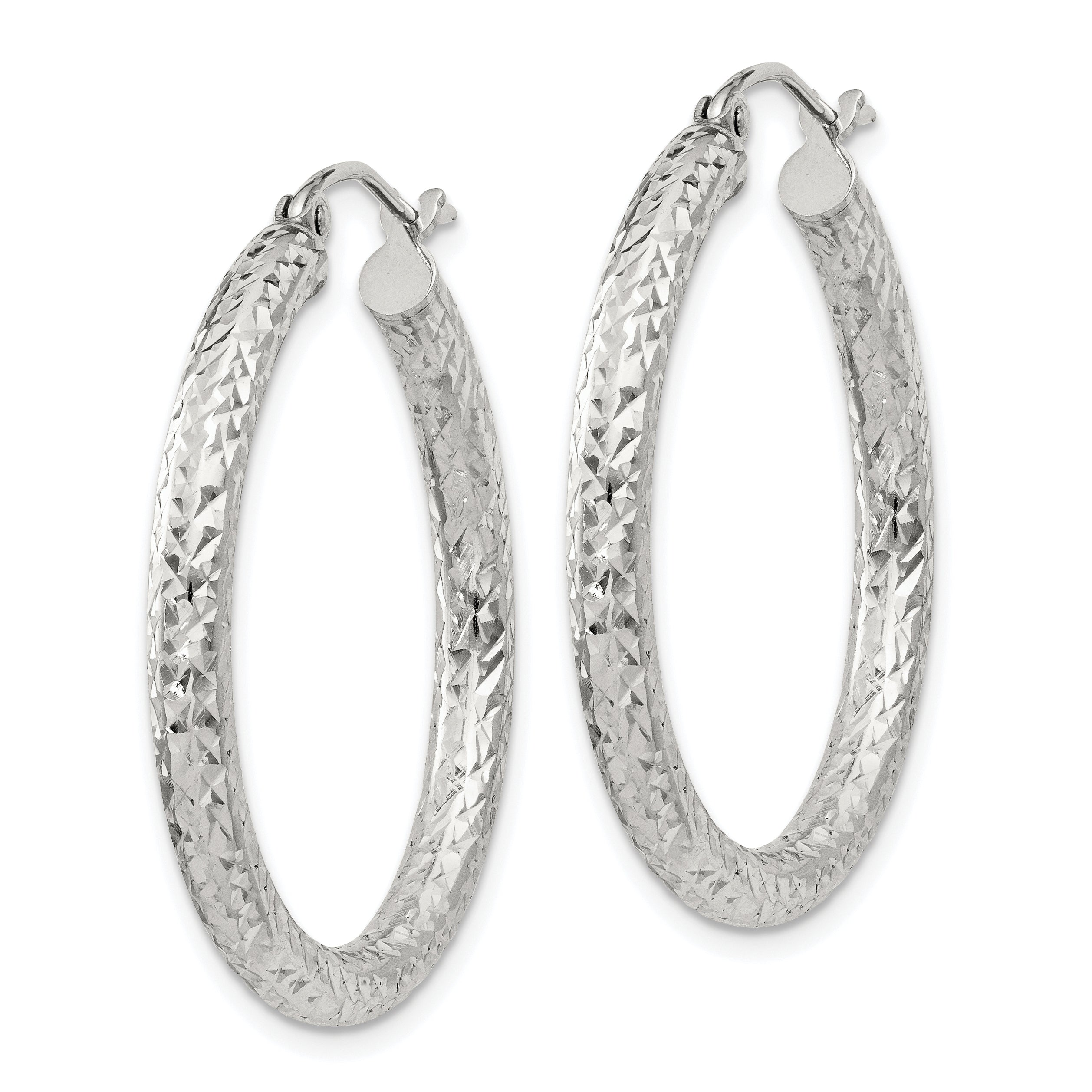 Sterling Silver Diamond-Cut 3x30mm Hoop Earrings