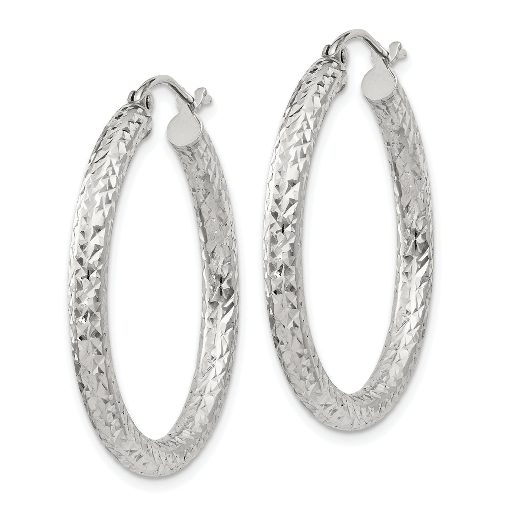 Sterling Silver Diamond-Cut 3x30mm Hoop Earrings