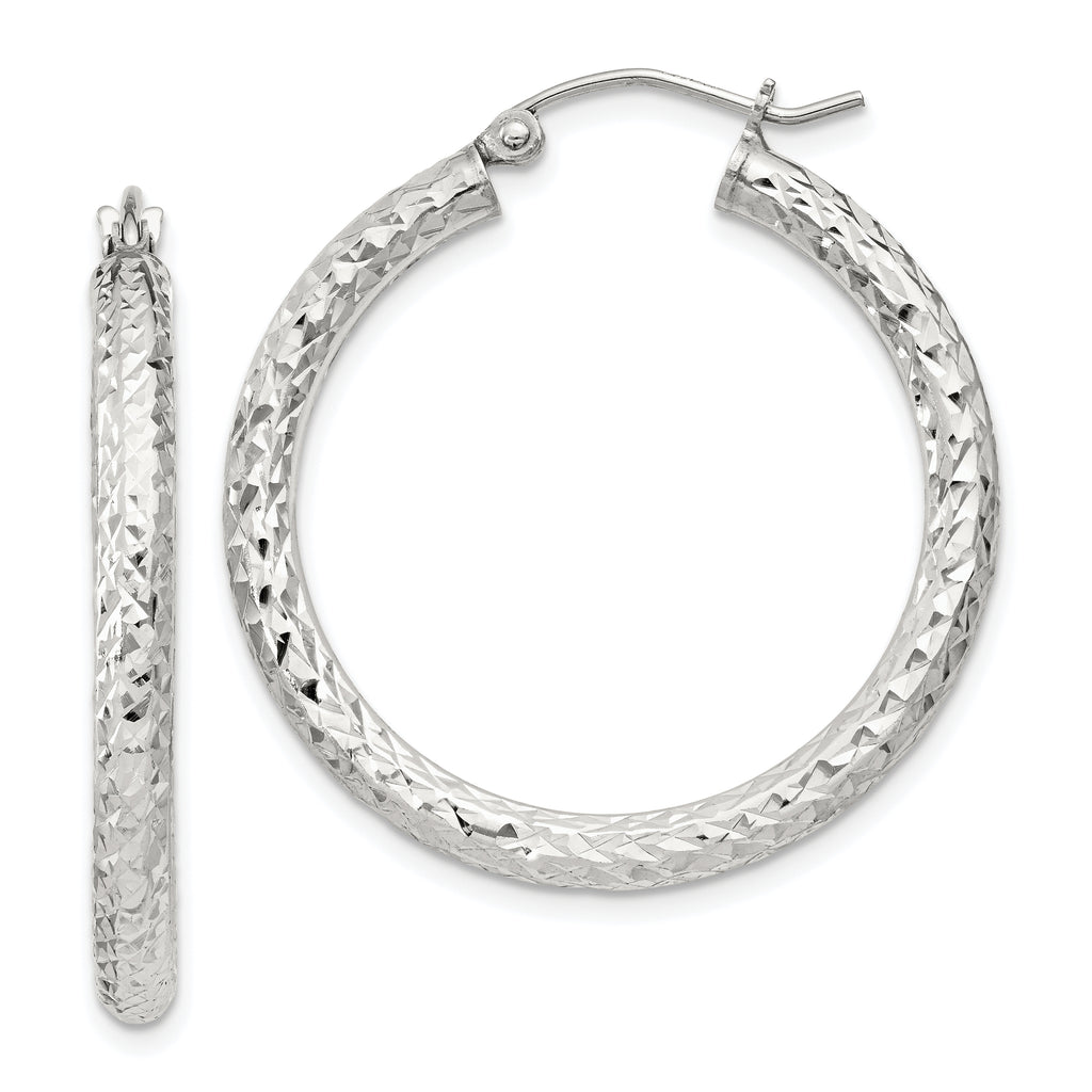 Sterling Silver Diamond-Cut 3x30mm Hoop Earrings