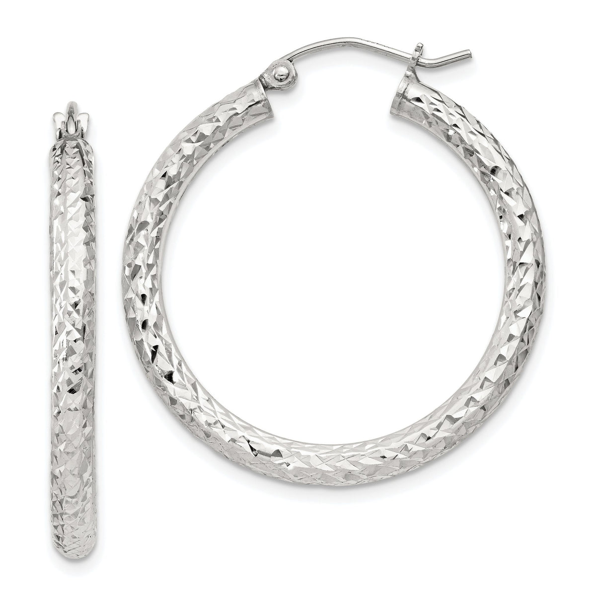 Sterling Silver Diamond-Cut 3x30mm Hoop Earrings - Sophia Jewelers Main image
