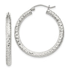 Sterling Silver Diamond-Cut 3x30mm Hoop Earrings