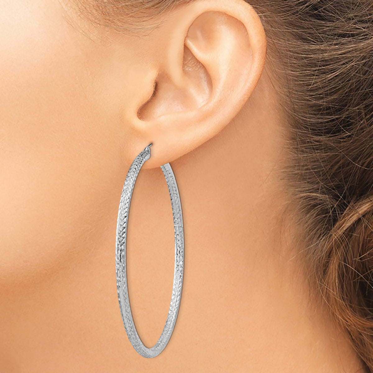Sterling Silver Rhodium-plated D/C 3x65mm Hoop Earrings - Sophia Jewelers