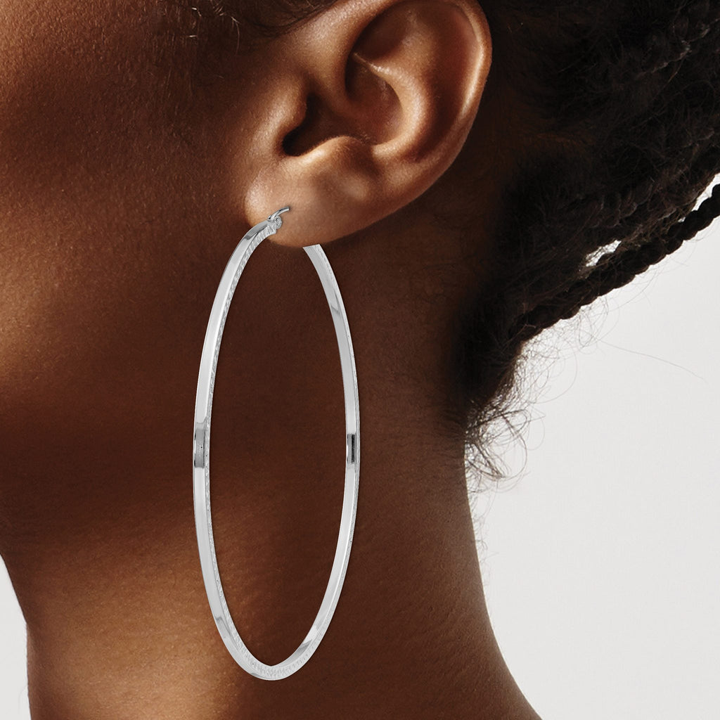 Sterling Silver Rhodium-Plated Diamond-Cut 2x70mm Square Tube Hoop Earrings - Sophia Jewelers