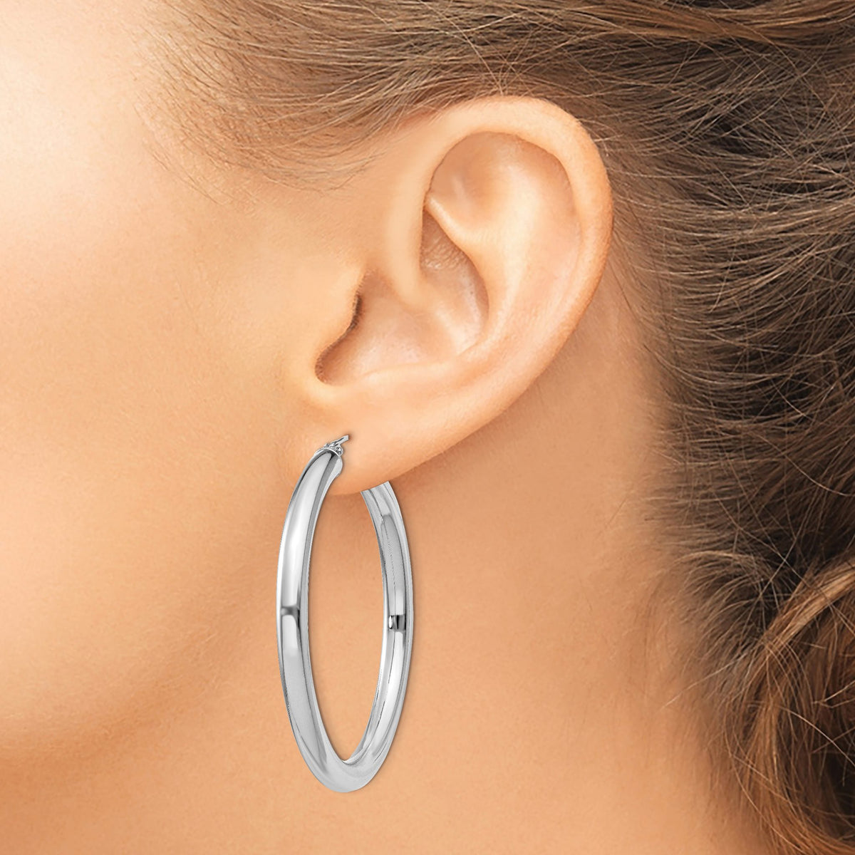 Sterling Silver Rhodium-Plated 4mm Round Hoop Earrings, 47mm - Sophia Jewelers