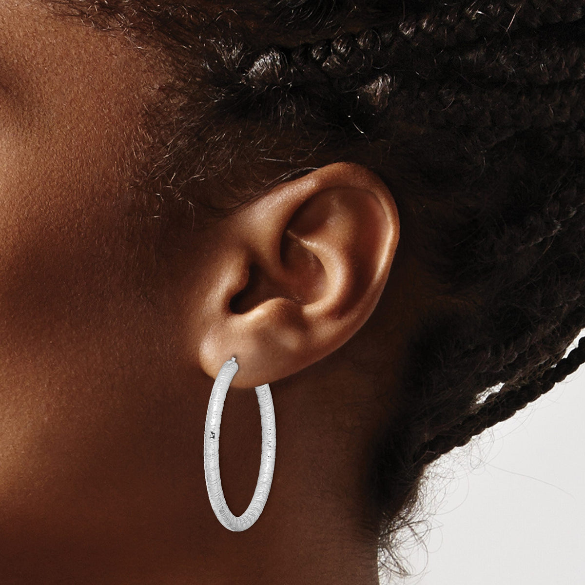 Sterling Silver Rhodium-Plated 3.25x40mm Omega Back Hoop Earrings - Sophia Jewelers