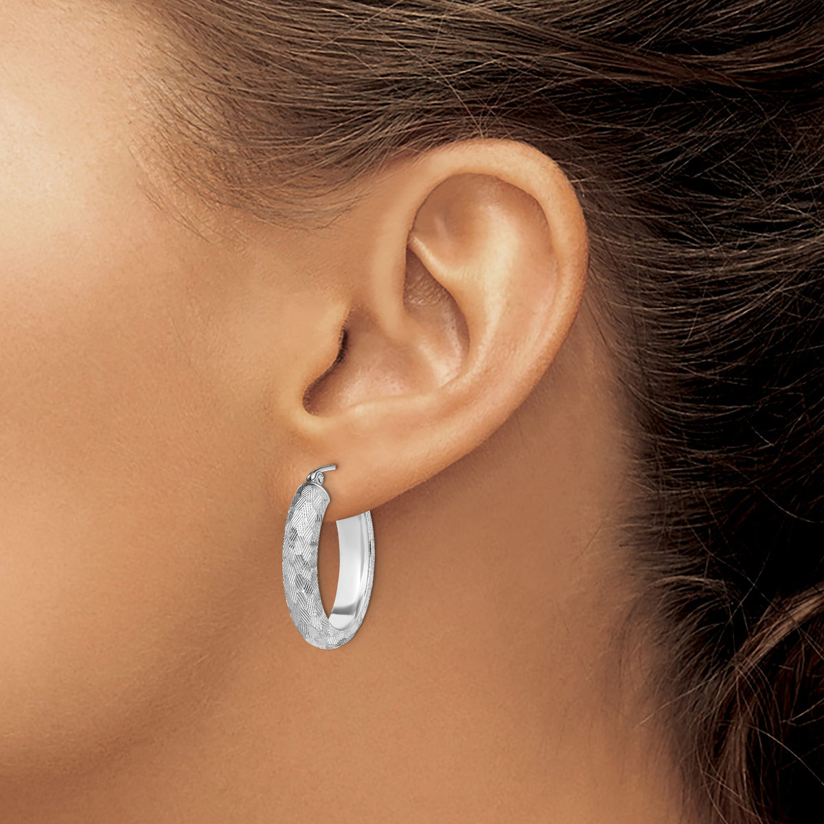 Sterling Silver Rhodium-Plated Diamond-Cut 5mm Oval Hoop Earrings - Sophia Jewelers