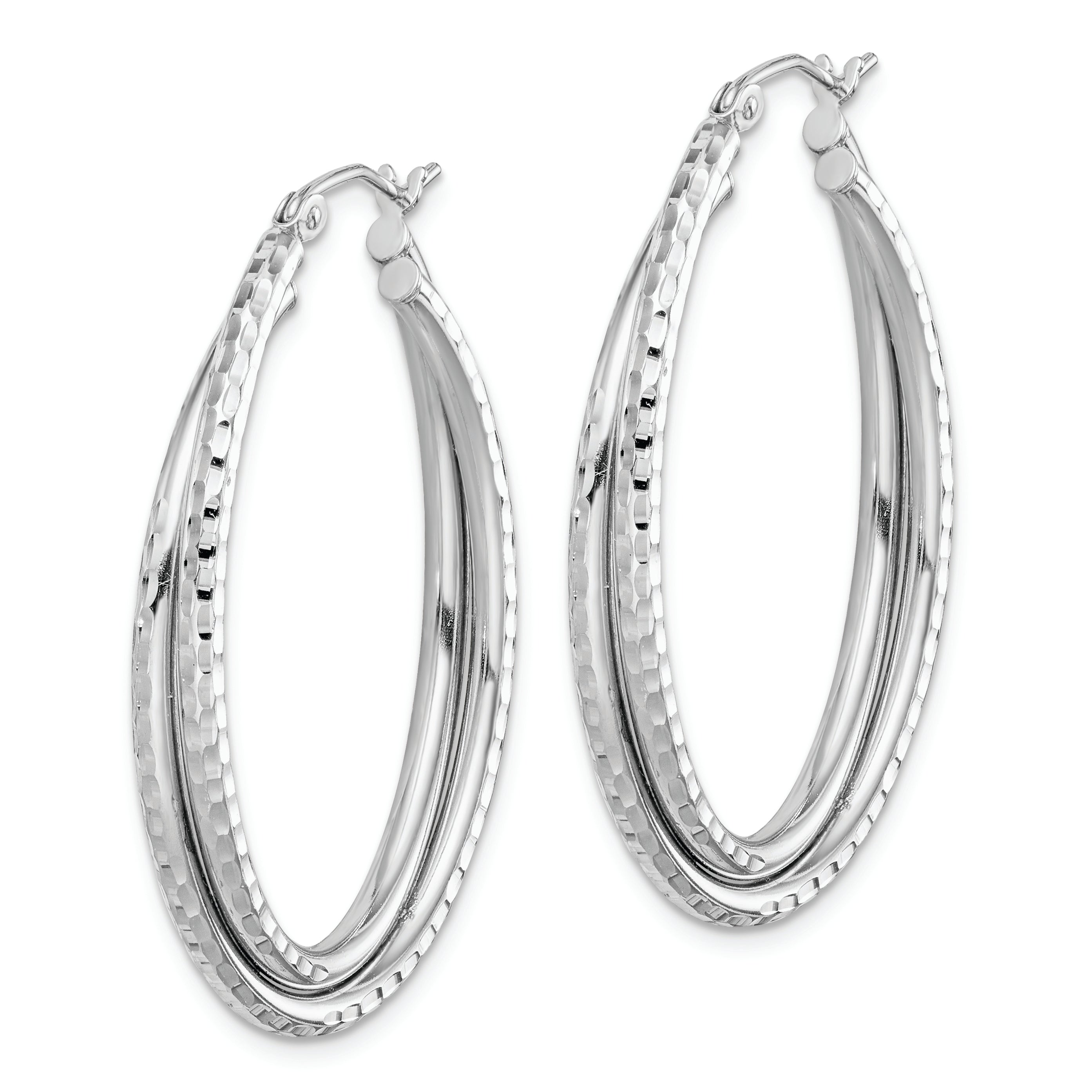 Sterling Silver Rhodium Plated Textured Double Oval Hoop Earrings
