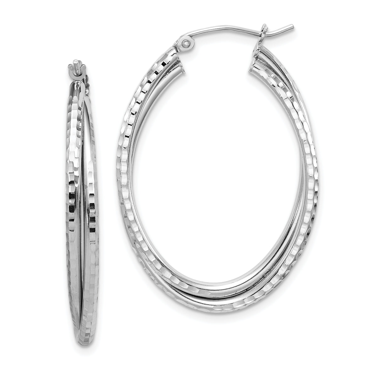 Sterling Silver Rhodium Plated Textured Double Oval Hoop Earrings