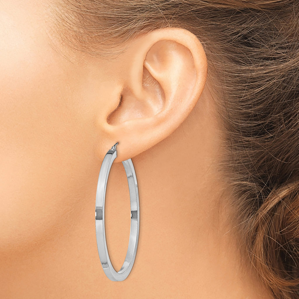 Sterling Silver Rhodium-Plated 3x50mm Square Tube Hoop Earrings - Sophia Jewelers